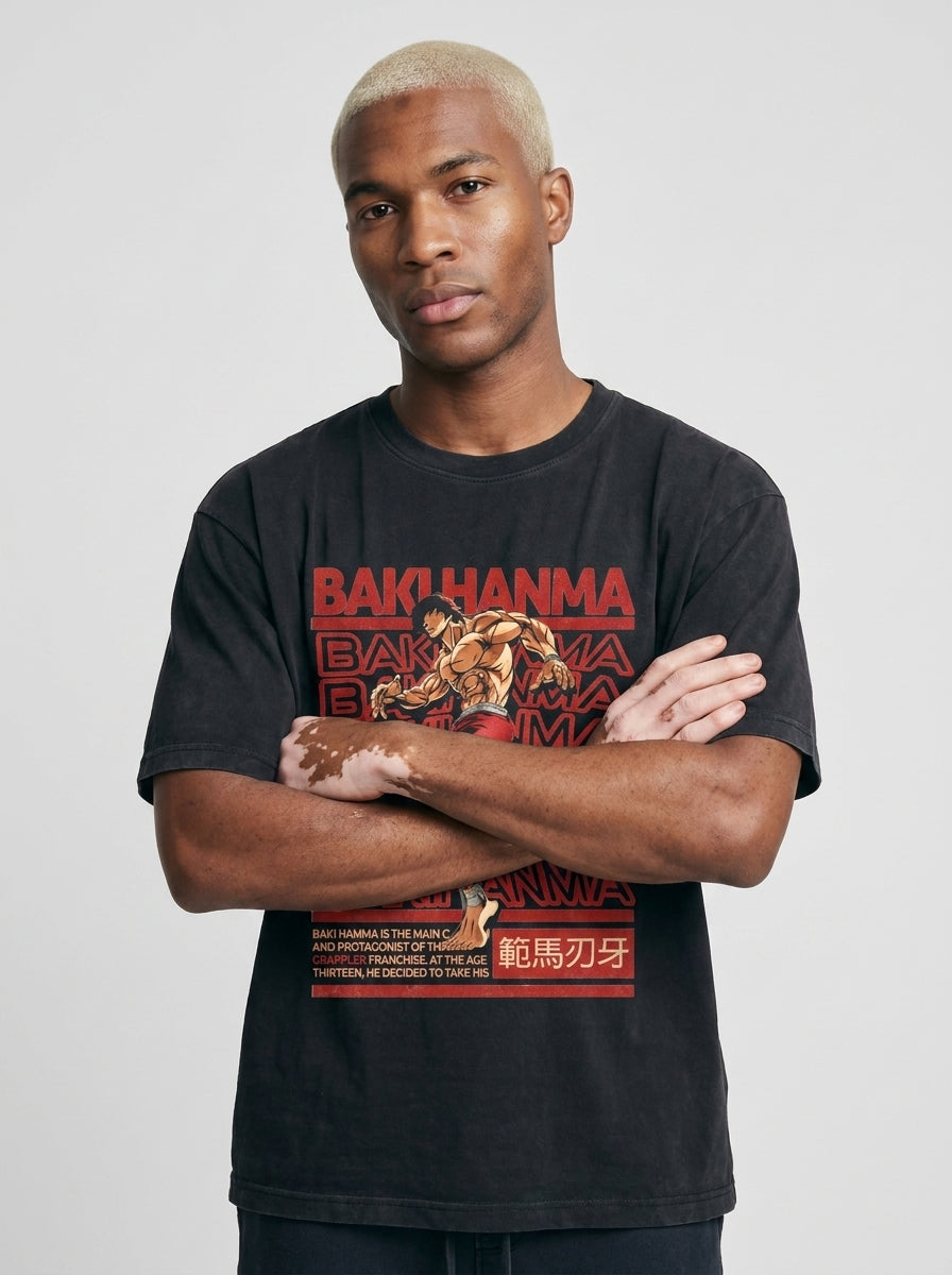 Hanma Baki The Grappler Gym Anime T-shirt for Men on model arms crossed — washed black t-shirt | Tempus Arc premium anime streetwear