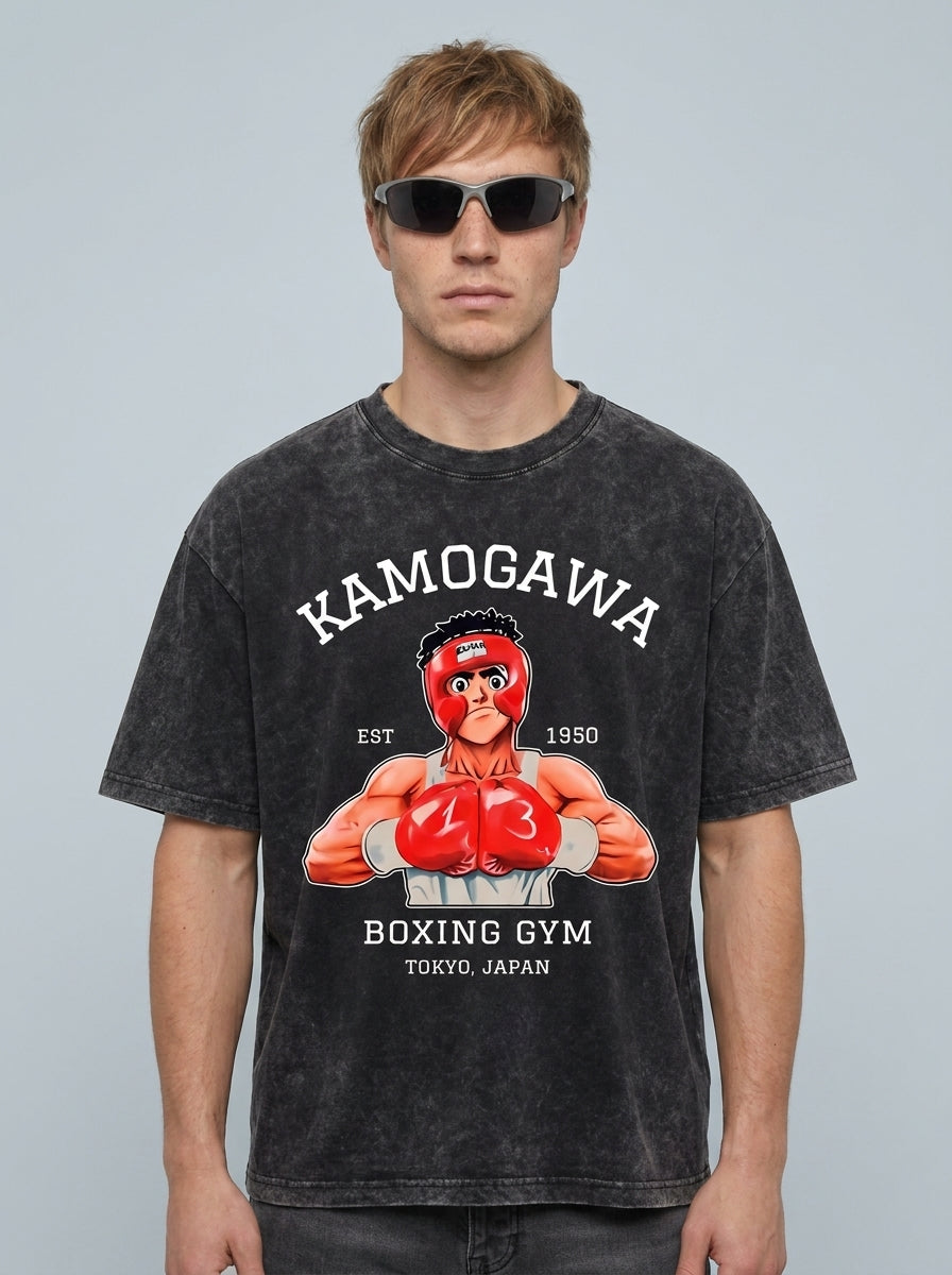 Hanma Baki The Grappler Gym Anime T-shirt for Men on male model — washed black t-shirt front view | Tempus Arc premium anime streetwear