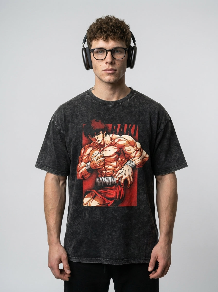 Hanma Baki The Grappler Gym Anime T-shirt for Men model frontal central — washed black t-shirt | Tempus Arc premium anime streetwear