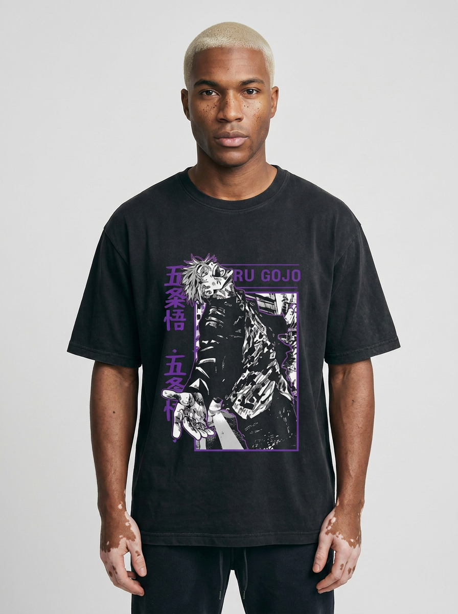 Hanma Baki The Grappler Gym Anime T-shirt for Men model frontal central — washed black t-shirt | Tempus Arc premium anime streetwear