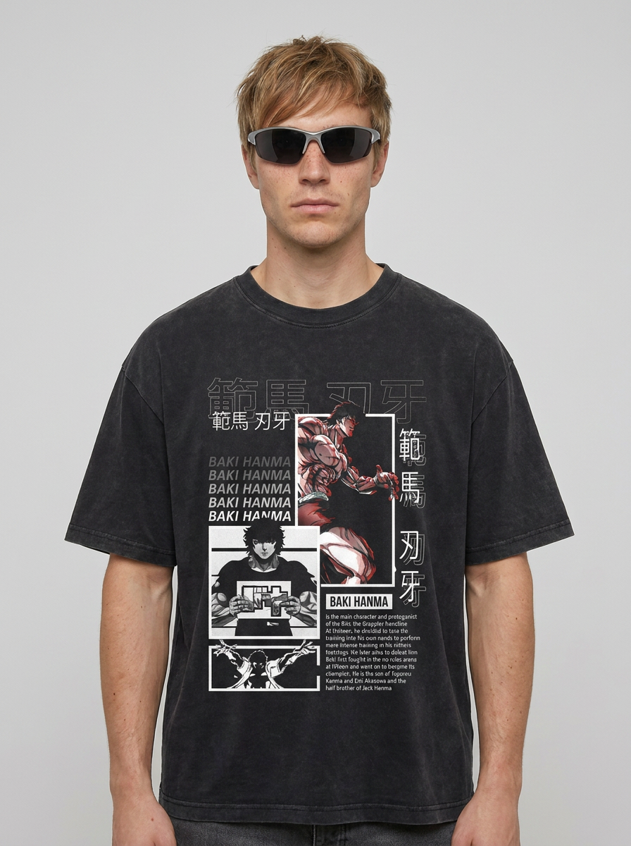 Hanma Baki The Grappler Gym Anime T-shirt for Men model frontal central — washed black t-shirt | Tempus Arc premium anime streetwear