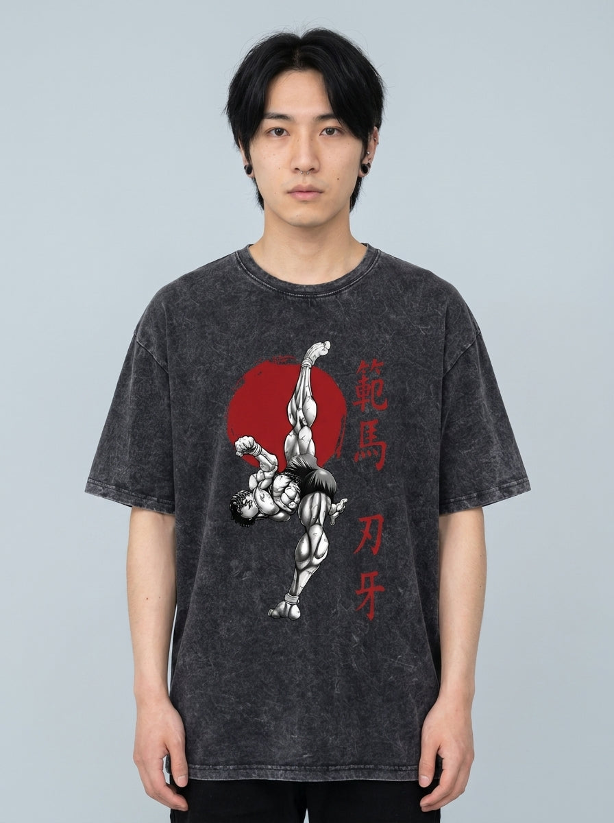 Hanma Baki The Grappler Gym Anime T-shirt for Men model frontal central — washed black t-shirt | Tempus Arc premium anime streetwear