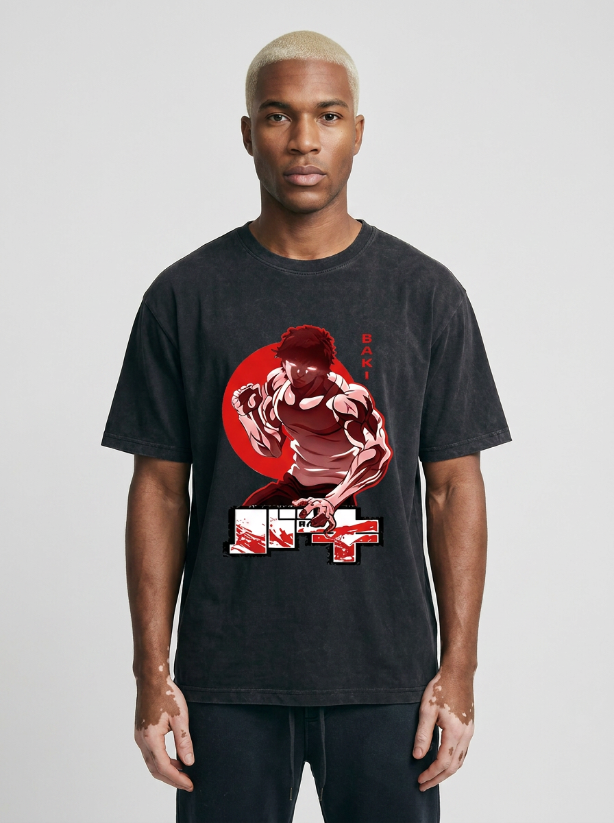 Hanma Baki The Grappler Gym Anime T-shirt for Men model frontal central — washed black t-shirt | Tempus Arc premium anime streetwear