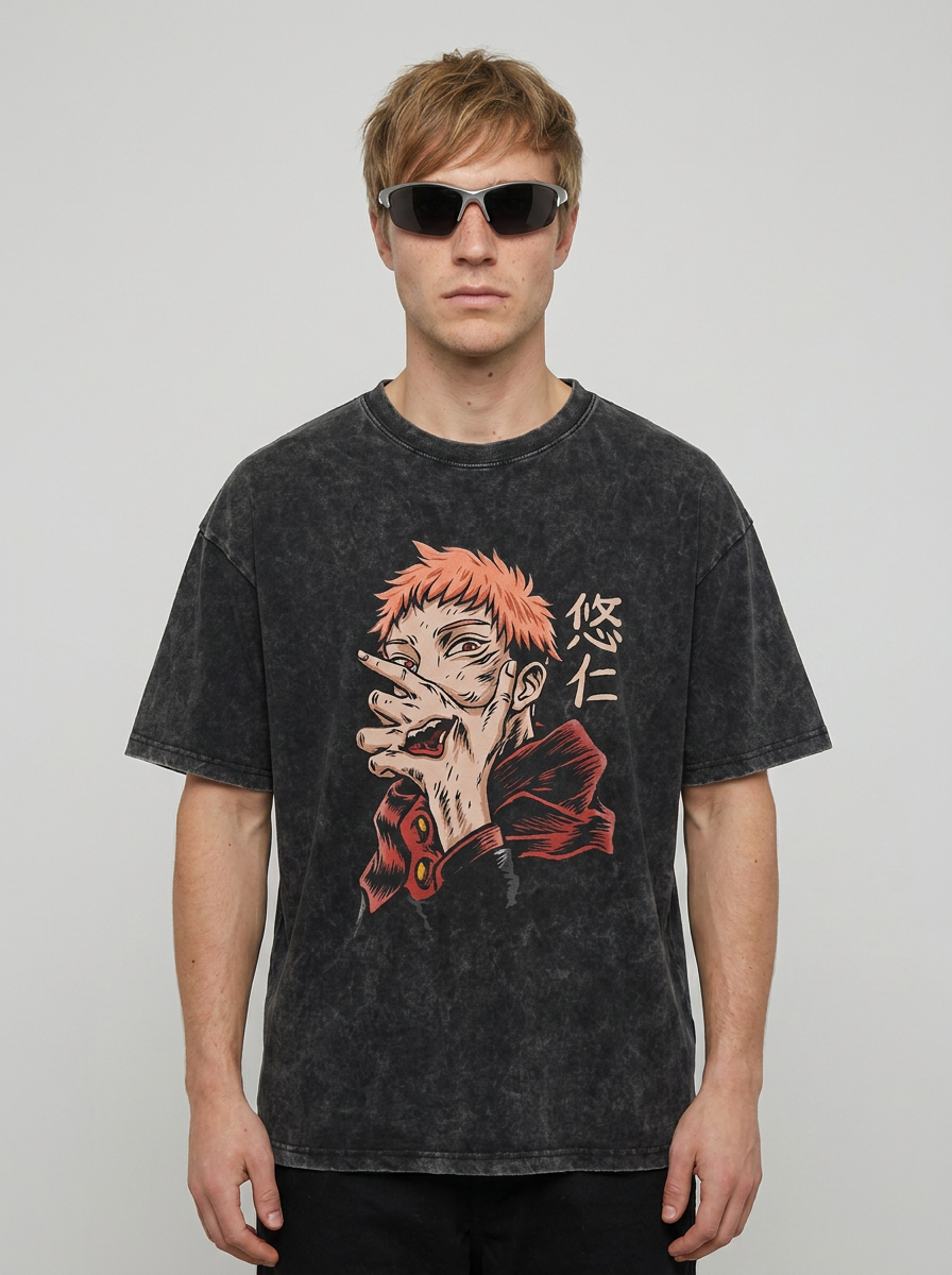 Hanma Baki The Grappler Gym Anime T-shirt for Men model frontal central — washed black t-shirt | Tempus Arc premium anime streetwear