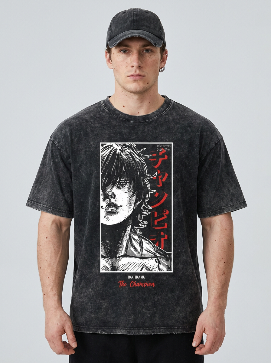 Hanma Baki The Grappler Gym Anime T-shirt for Men model frontal central — washed black t-shirt | Tempus Arc premium anime streetwear