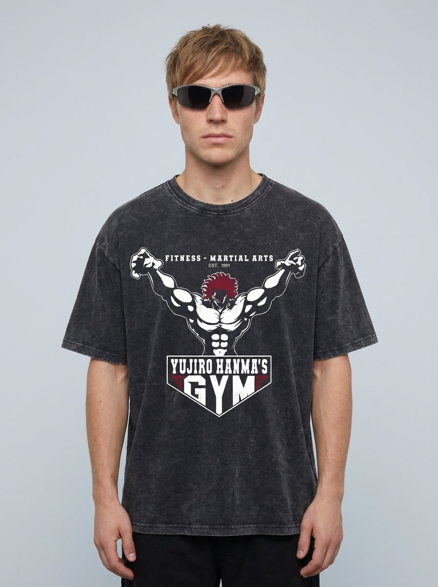 Hanma Baki The Grappler Gym Anime T-shirt for Men model frontal central — washed black t-shirt | Tempus Arc premium anime streetwear