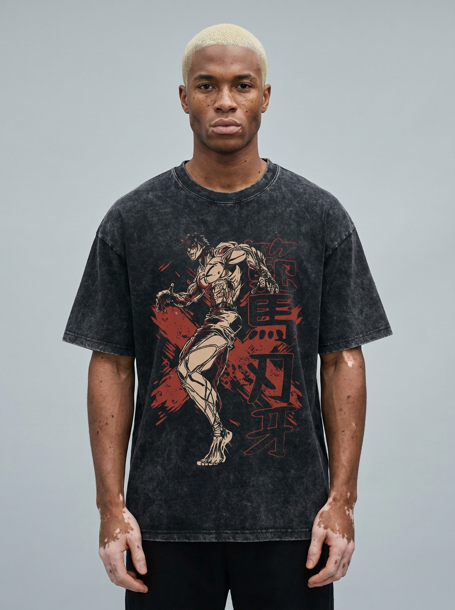 Hanma Baki The Grappler Gym Anime T-shirt for Men model frontal central — washed black t-shirt | Tempus Arc premium anime streetwear