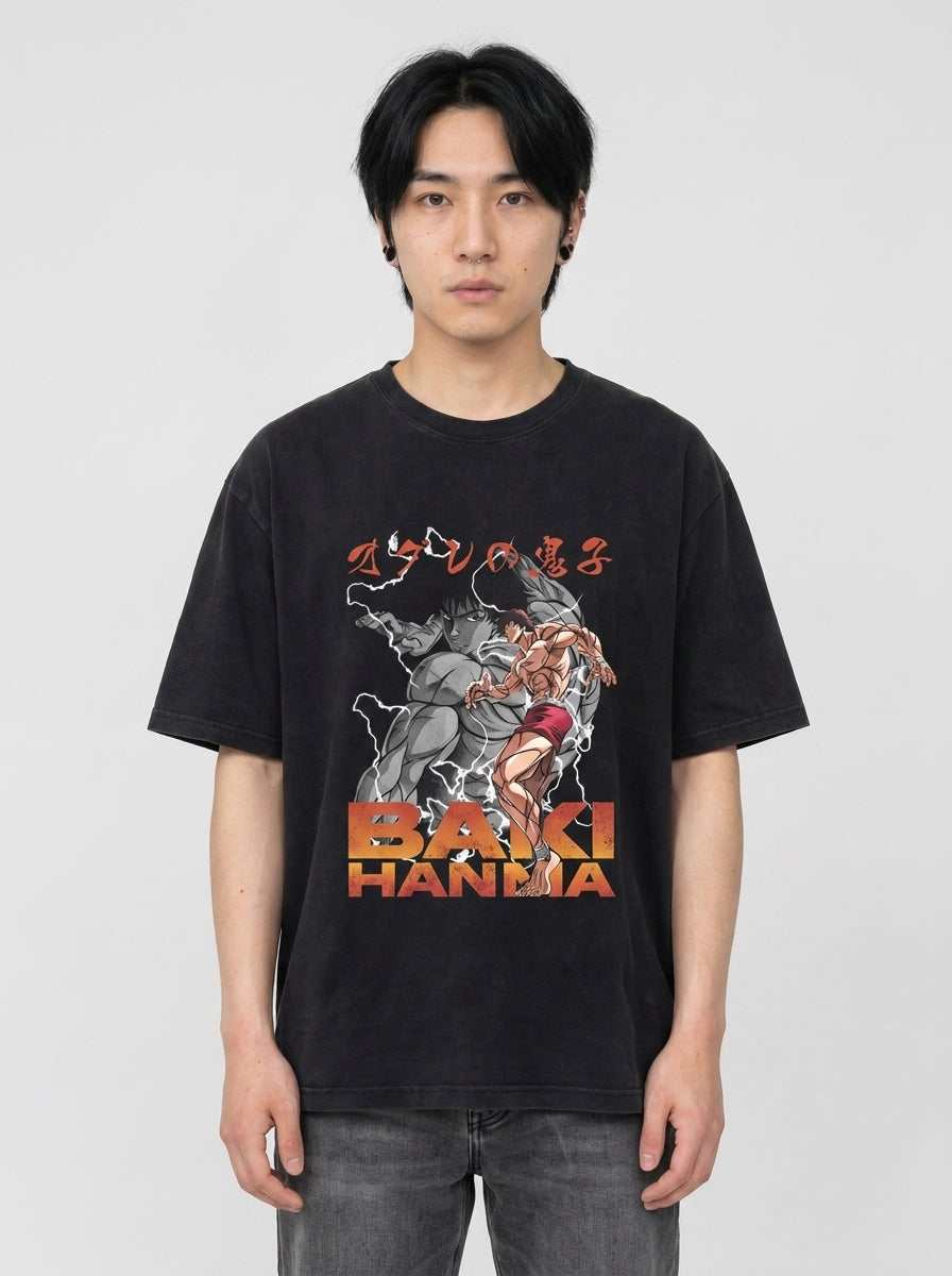 Hanma Baki The Grappler Gym Anime T-shirt for Men model frontal central — washed black t-shirt | Tempus Arc premium anime streetwear