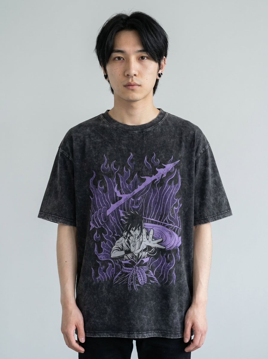 Hanma Baki The Grappler Gym Anime T-shirt for Men model frontal central — washed black t-shirt | Tempus Arc premium anime streetwear