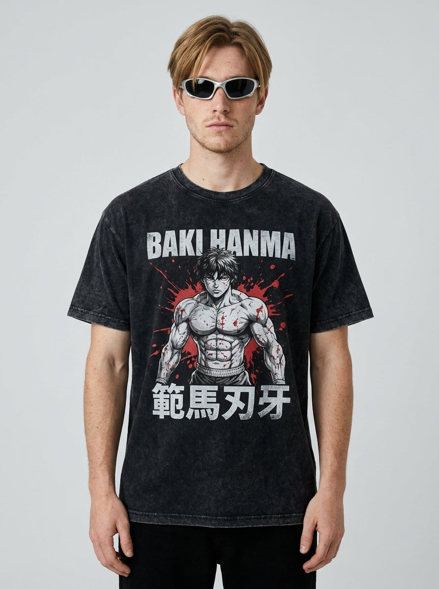 Hanma Baki The Grappler Gym Anime T-shirt for Men model frontal central — washed black t-shirt | Tempus Arc premium anime streetwear