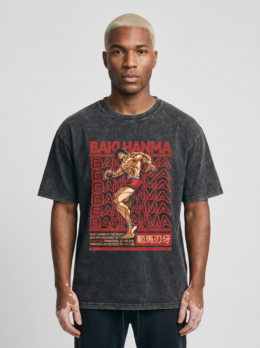 Hanma Baki The Grappler Gym Anime T-shirt for Men model frontal central — washed black t-shirt | Tempus Arc premium anime streetwear