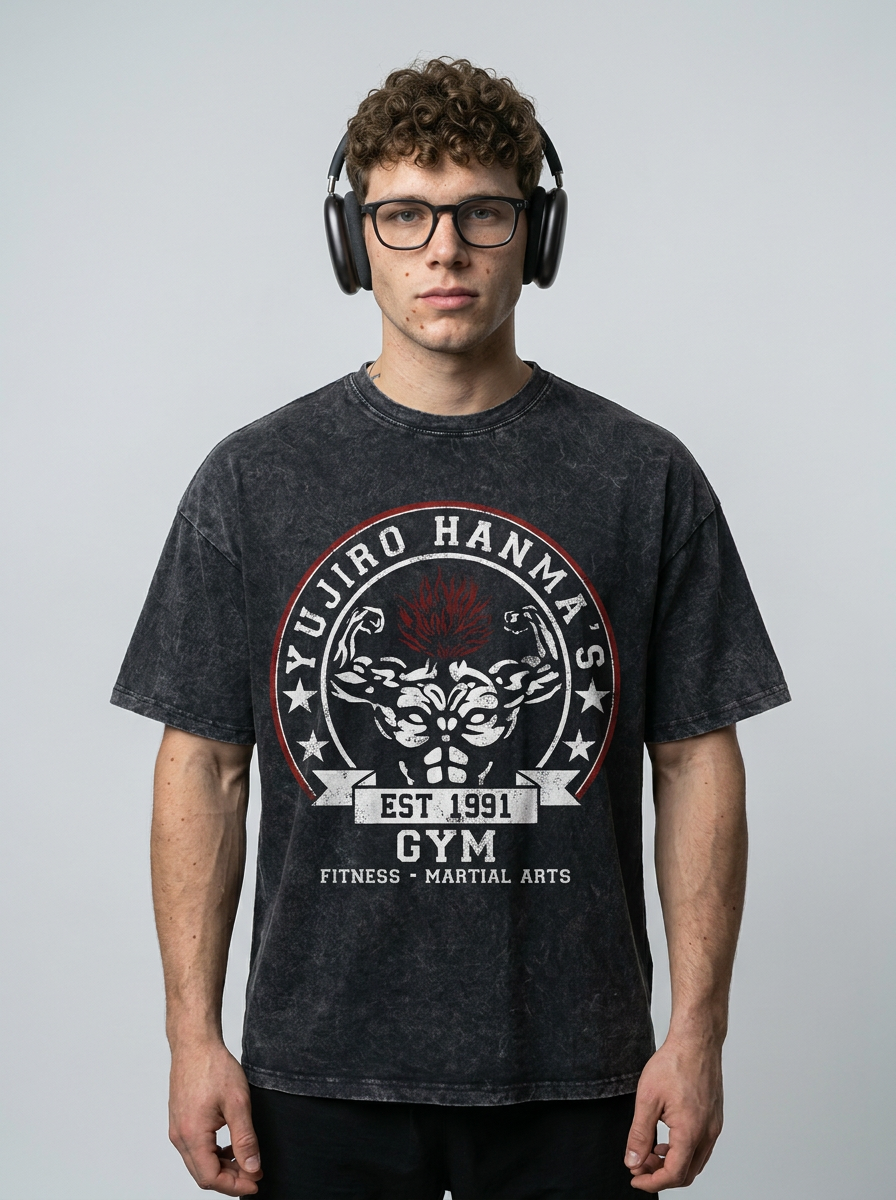Hanma Baki The Grappler Gym Anime T-shirt for Men model frontal central — washed black t-shirt | Tempus Arc premium anime streetwear