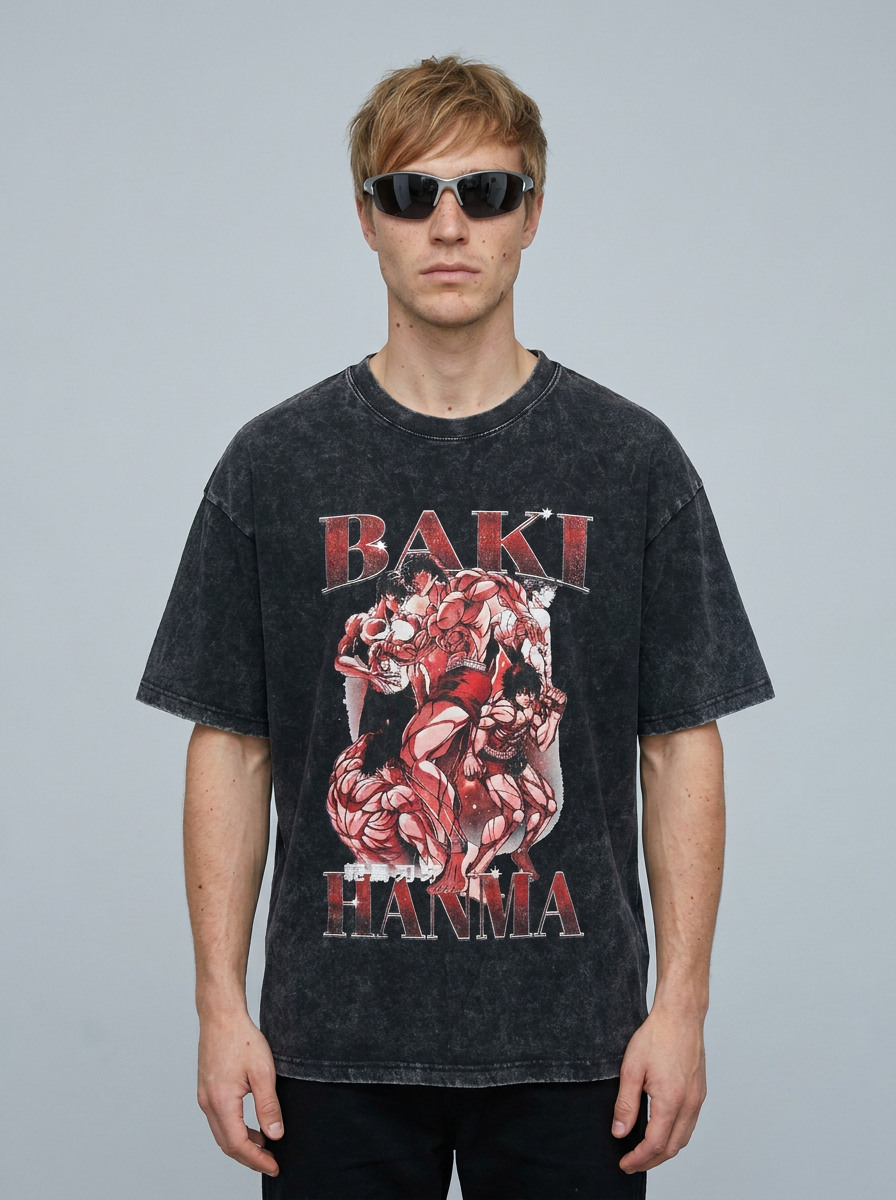 Hanma Baki The Grappler Gym Anime T-shirt for Men model frontal central — washed black t-shirt | Tempus Arc premium anime streetwear