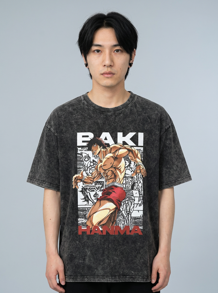 Hanma Baki The Grappler Gym Anime T-shirt for Men model frontal central — washed black t-shirt | Tempus Arc premium anime streetwear