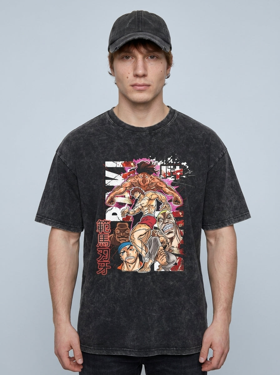 Hanma Baki The Grappler Gym Anime T-shirt for Men model frontal central — washed black t-shirt | Tempus Arc premium anime streetwear