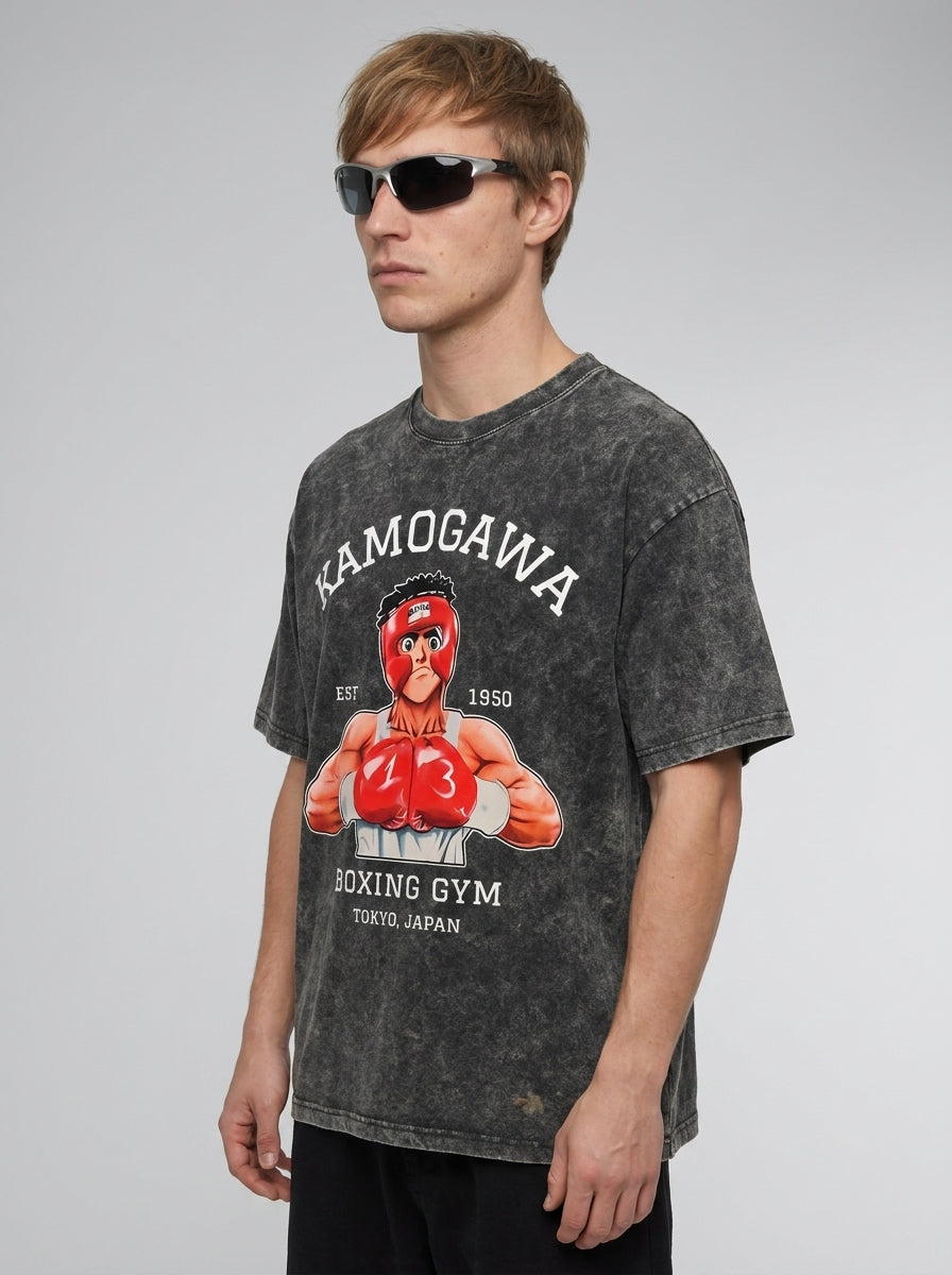 Hanma Baki The Grappler Gym Anime T-shirt for Men side view on model — oversized washed cotton t-shirt | Tempus Arc premium anime streetwear