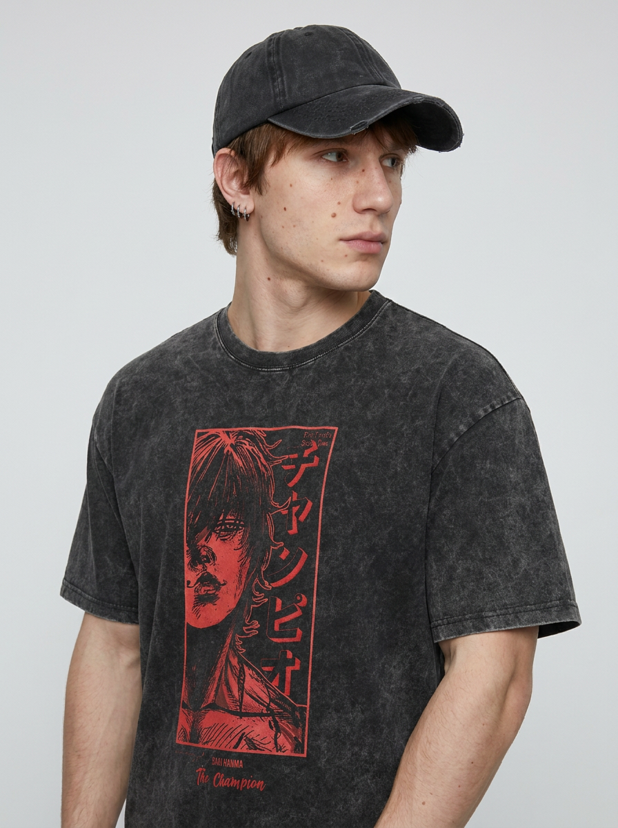 Hanma Baki The Grappler Gym Anime T-shirt for Men model lateral 3/4 — oversized washed cotton t-shirt | Tempus Arc premium anime streetwear