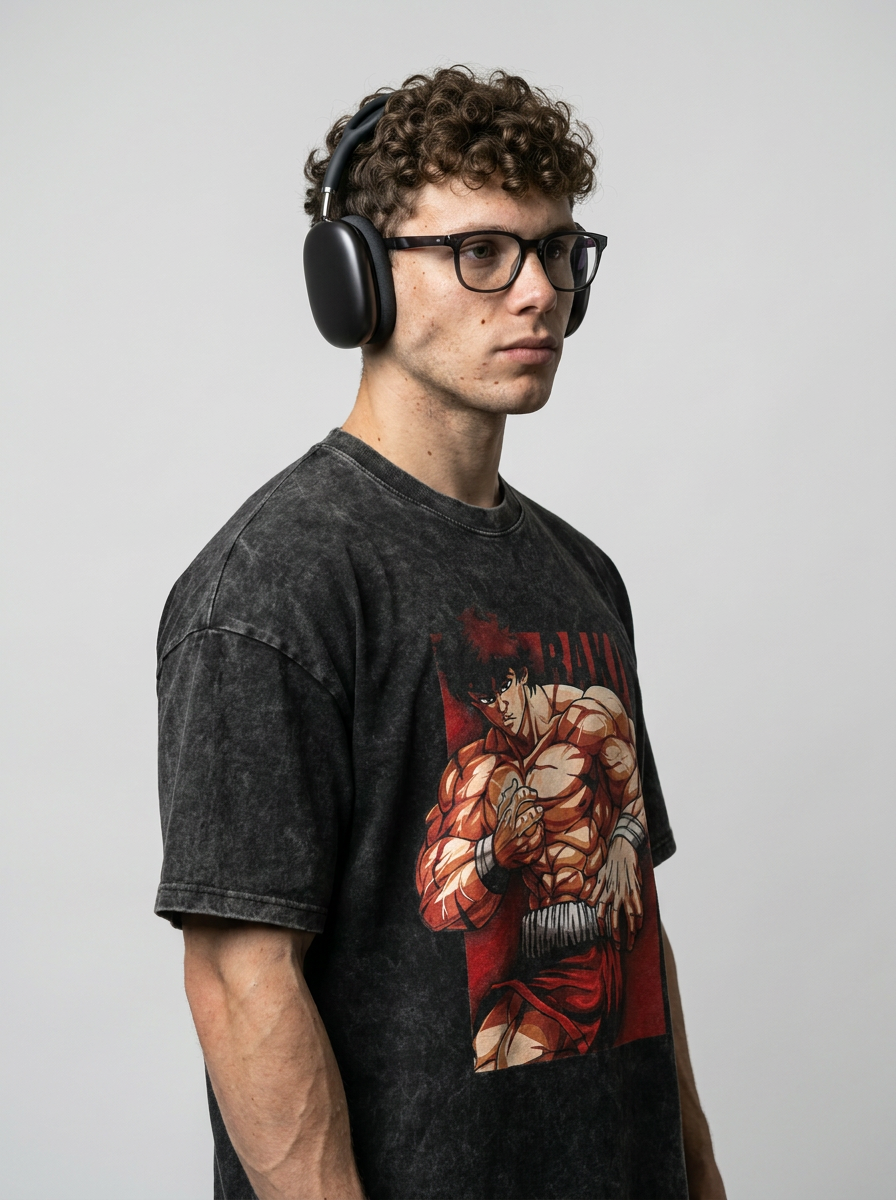 Hanma Baki The Grappler Gym Anime T-shirt for Men model lateral 3/4 — oversized washed cotton t-shirt | Tempus Arc premium anime streetwear