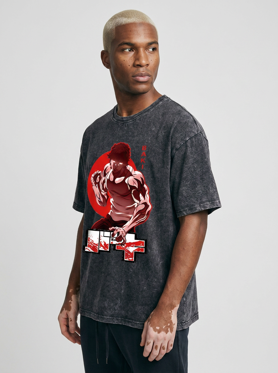 Hanma Baki The Grappler Gym Anime T-shirt for Men model lateral 3/4 — oversized washed cotton t-shirt | Tempus Arc premium anime streetwear