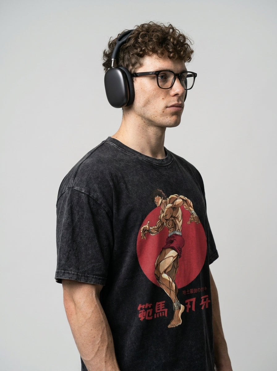 Hanma Baki The Grappler Gym Anime T-shirt for Men model lateral 3/4 — oversized washed cotton t-shirt | Tempus Arc premium anime streetwear