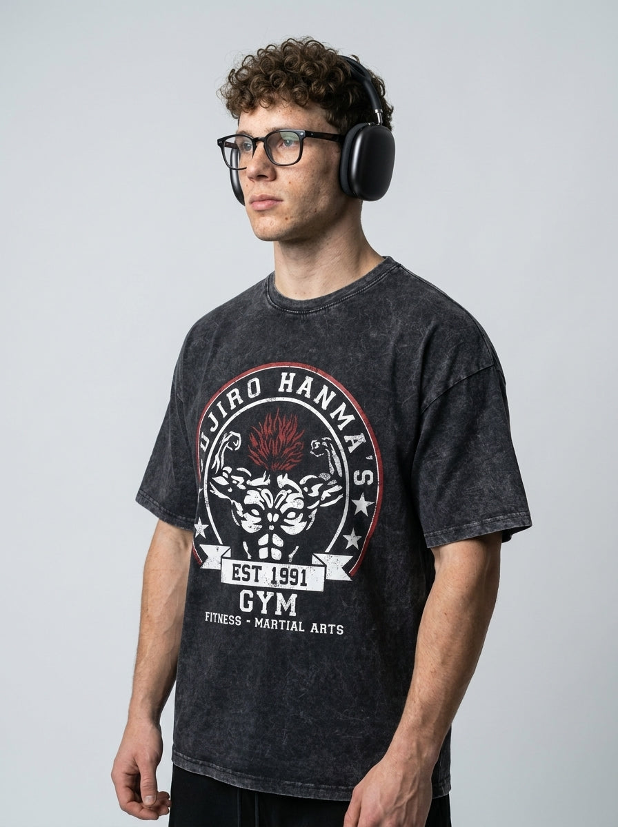 Hanma Baki The Grappler Gym Anime T-shirt for Men model lateral 3/4 — oversized washed cotton t-shirt | Tempus Arc premium anime streetwear