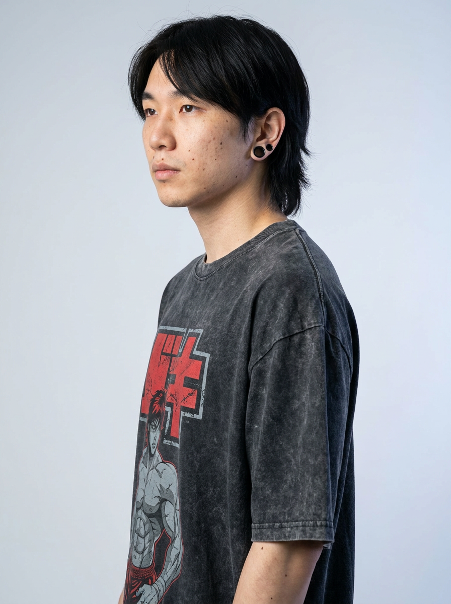 Hanma Baki The Grappler Gym Anime T-shirt for Men model lateral 3/4 — oversized washed cotton t-shirt | Tempus Arc premium anime streetwear