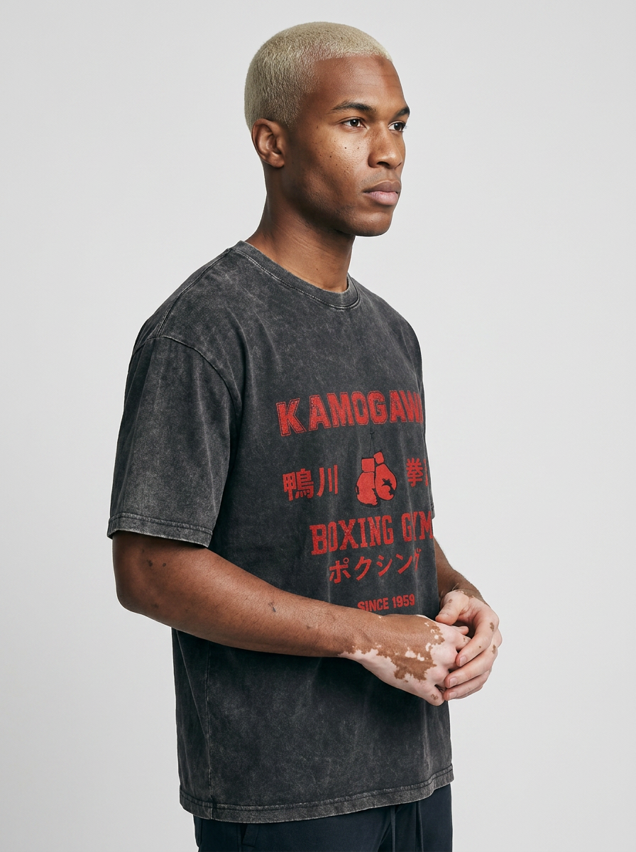 Hanma Baki The Grappler Gym Anime T-shirt for Men model lateral 3/4 — oversized washed cotton t-shirt | Tempus Arc premium anime streetwear