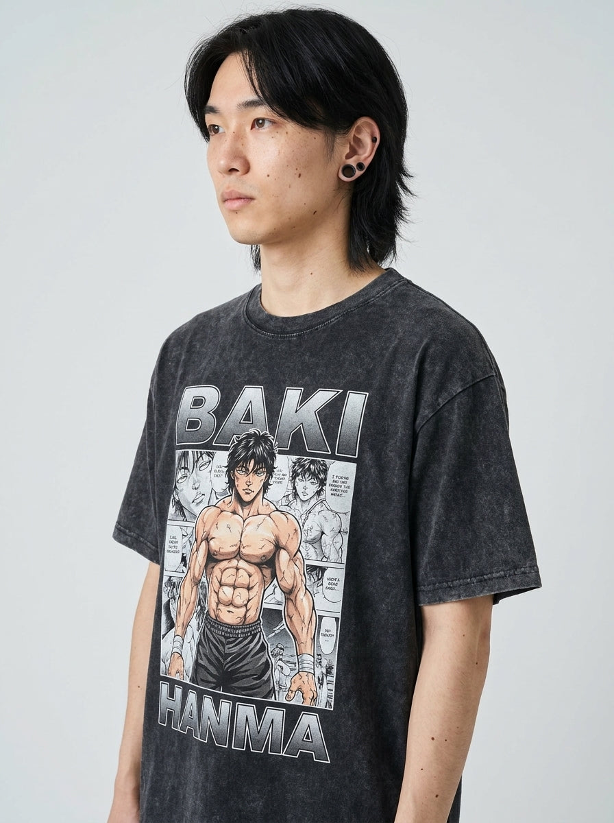 Hanma Baki The Grappler Gym Anime T-shirt for Men model lateral 3/4 — oversized washed cotton t-shirt | Tempus Arc premium anime streetwear