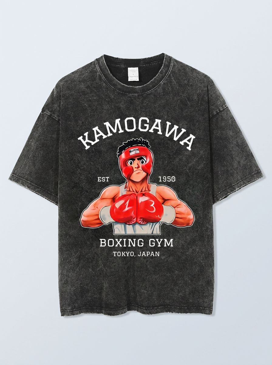 Hanma Baki The Grappler Gym Anime T-shirt for Men flat lay front — washed black oversized anime t-shirt | Tempus Arc premium anime streetwear