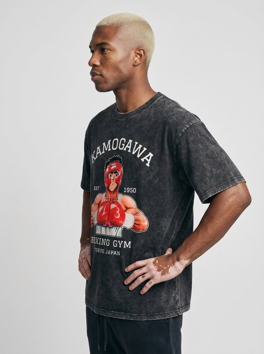 Hanma Baki The Grappler Gym Anime T-shirt for Men model side profile athletic — washed cotton t-shirt | Tempus Arc premium anime streetwear