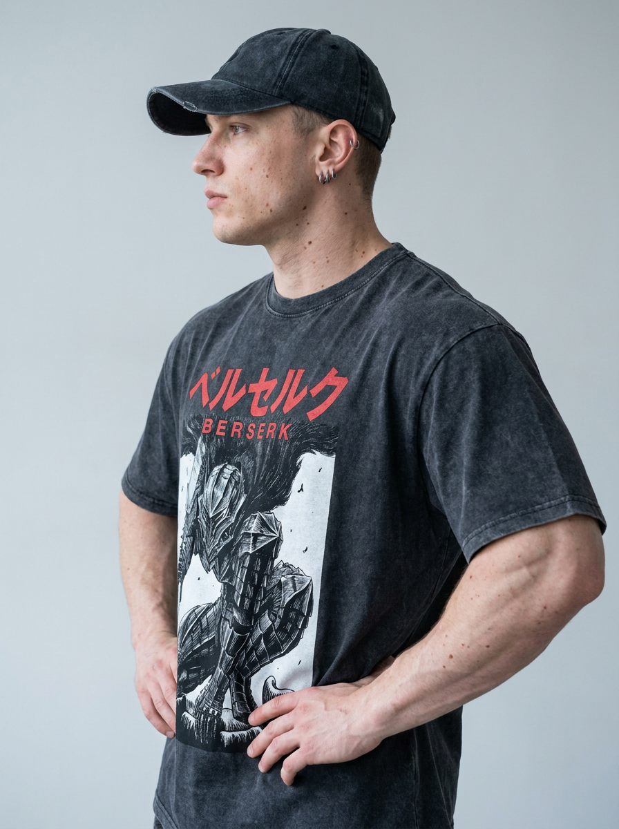 Hanma Baki The Grappler Gym Anime T-shirt for Men model side profile athletic — washed cotton t-shirt | Tempus Arc premium anime streetwear