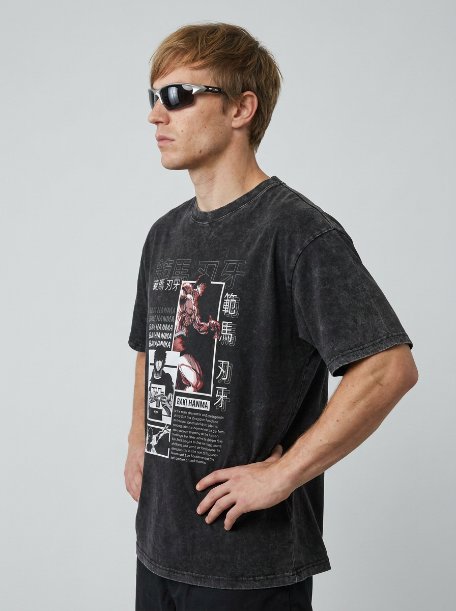 Hanma Baki The Grappler Gym Anime T-shirt for Men model side profile athletic — washed cotton t-shirt | Tempus Arc premium anime streetwear