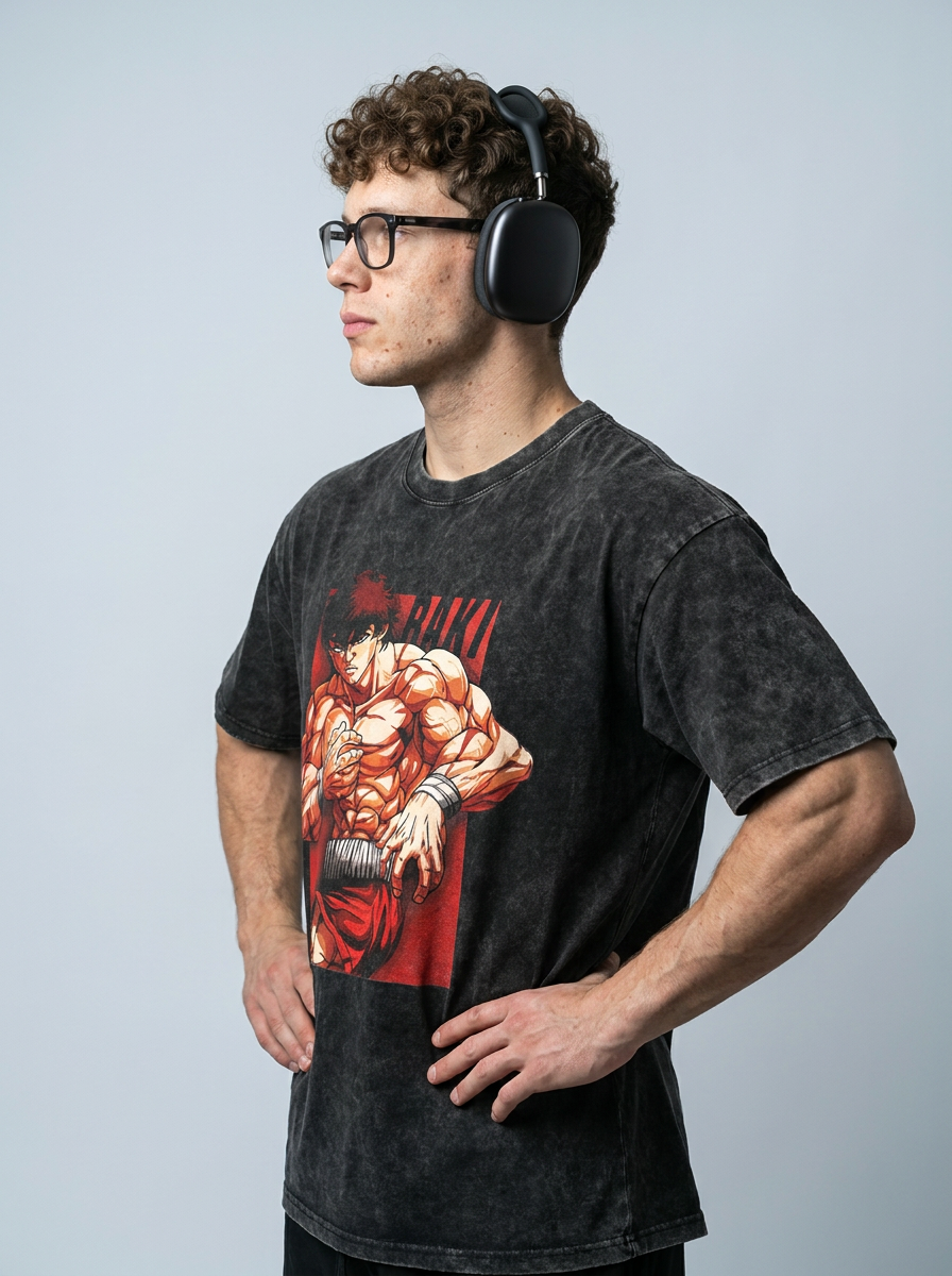Hanma Baki The Grappler Gym Anime T-shirt for Men model side profile athletic — washed cotton t-shirt | Tempus Arc premium anime streetwear