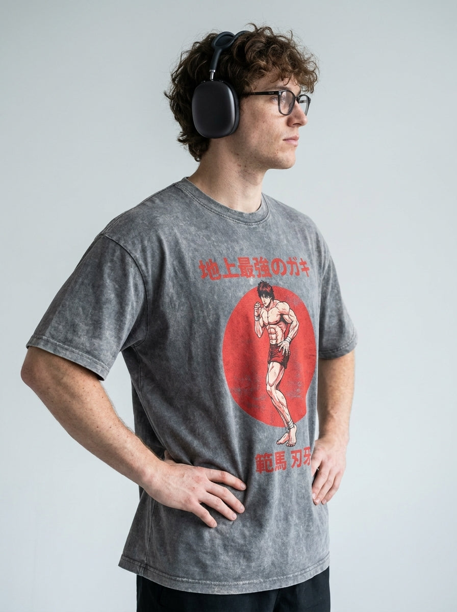 Hanma Baki The Grappler Gym Anime T-shirt for Men model side profile athletic — washed cotton t-shirt | Tempus Arc premium anime streetwear