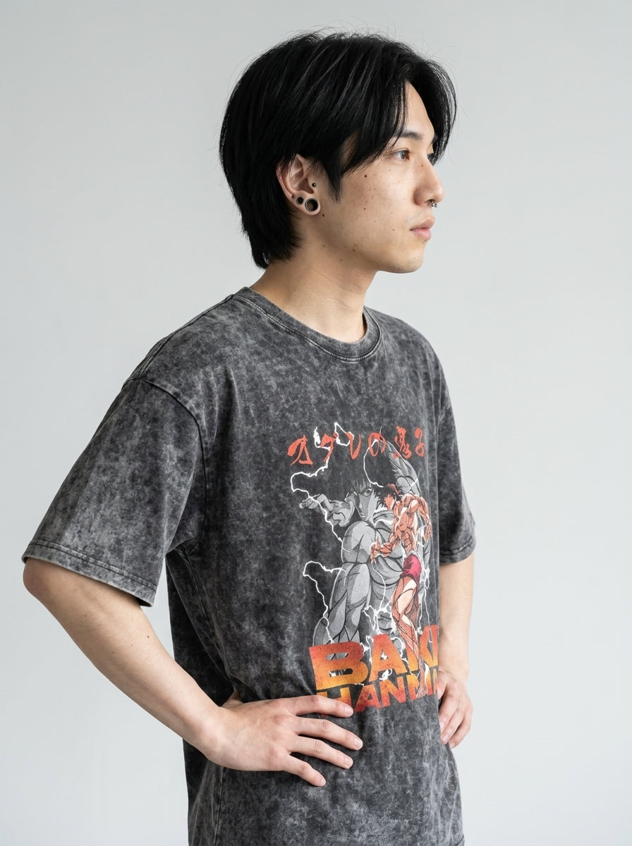 Hanma Baki The Grappler Gym Anime T-shirt for Men model side profile athletic — washed cotton t-shirt | Tempus Arc premium anime streetwear