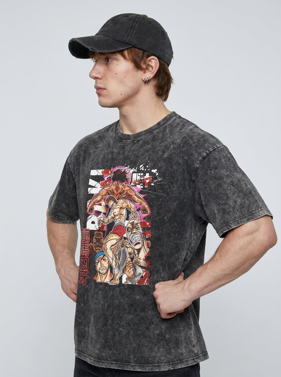Hanma Baki The Grappler Gym Anime T-shirt for Men model side profile athletic — washed cotton t-shirt | Tempus Arc premium anime streetwear