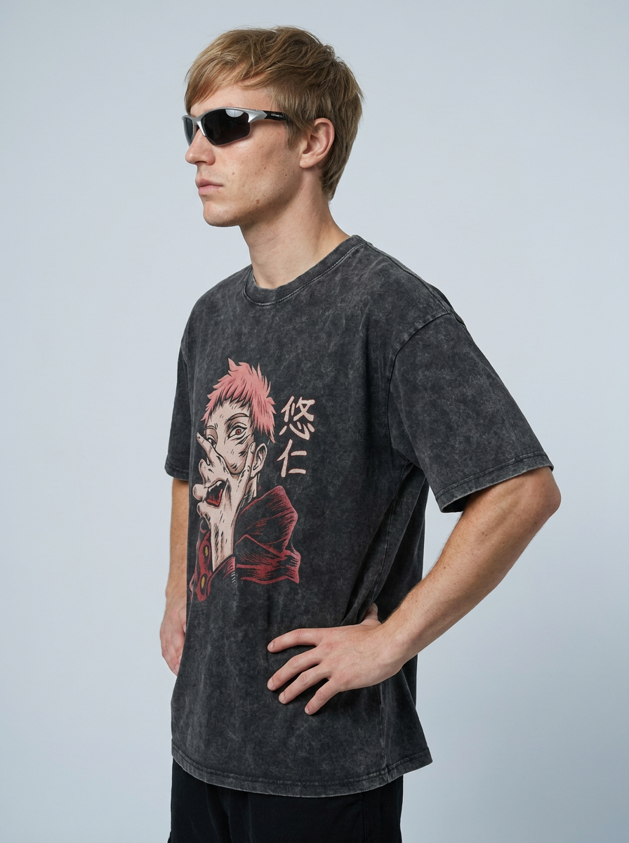 Hanma Baki The Grappler Gym Anime T-shirt for Men model side profile athletic — washed cotton t-shirt | Tempus Arc premium anime streetwear