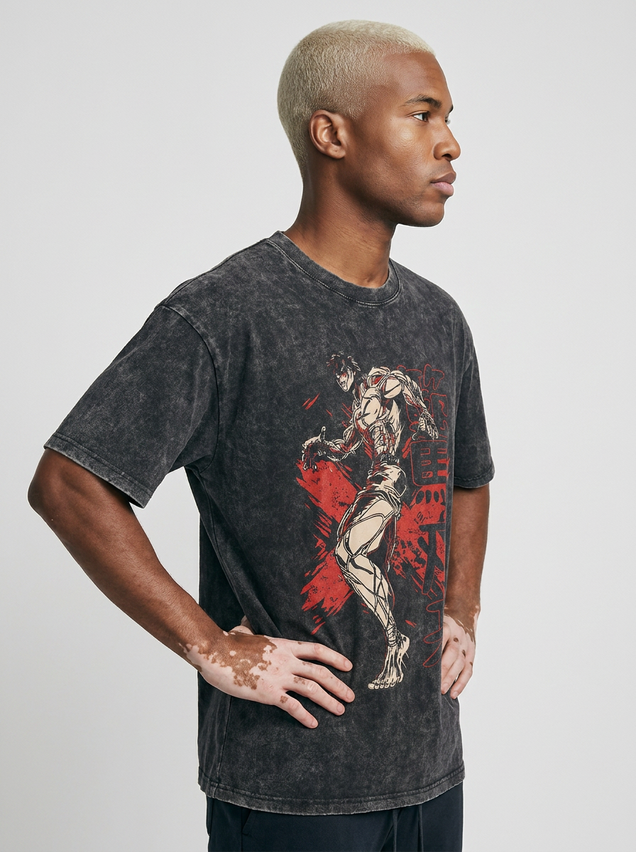 Hanma Baki The Grappler Gym Anime T-shirt for Men model side profile athletic — washed cotton t-shirt | Tempus Arc premium anime streetwear