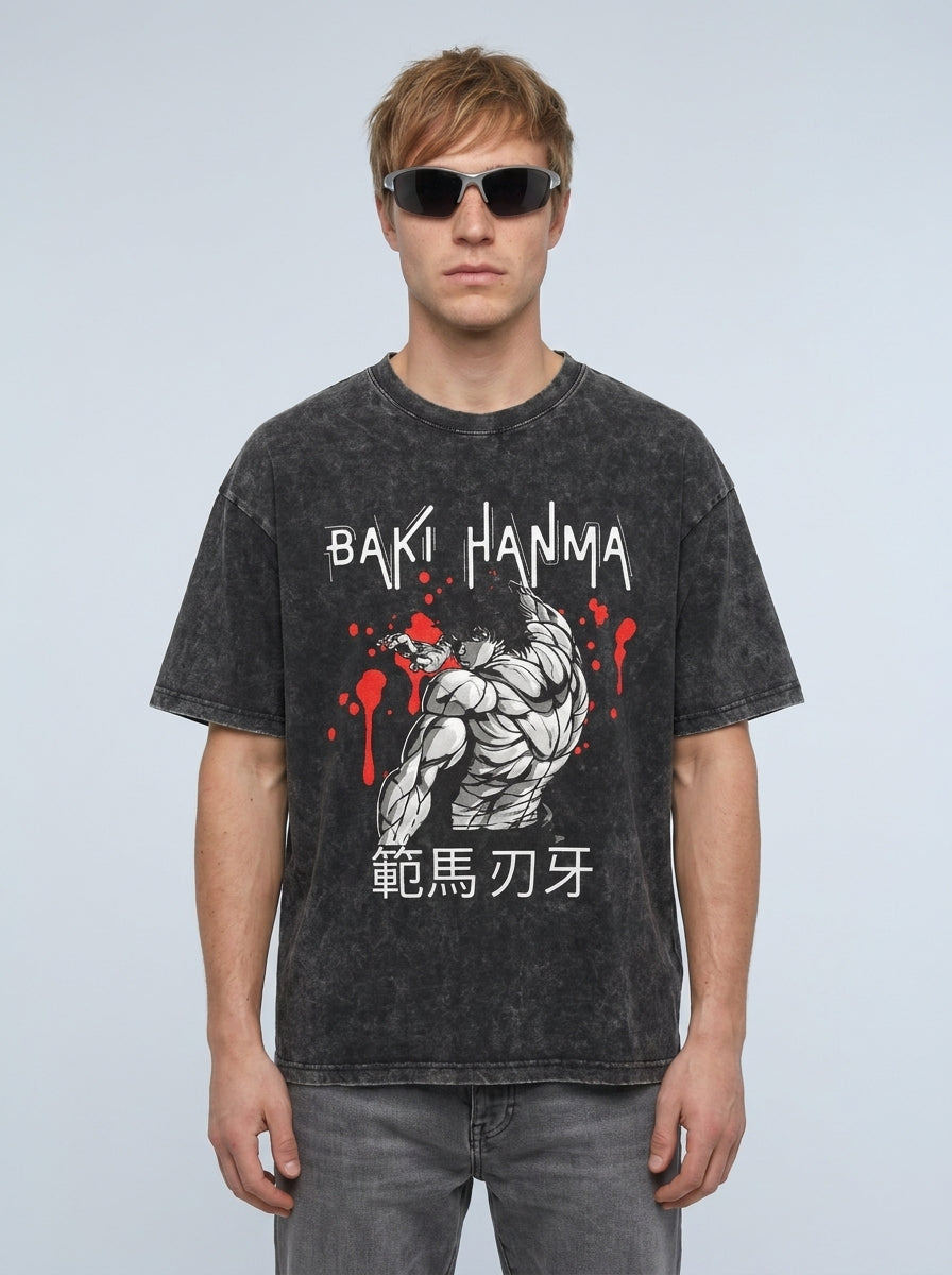 Hanma Baki The Grappler Gym Anime T-shirt for Men full body model — oversized boxed t-shirt | Tempus Arc premium anime streetwear