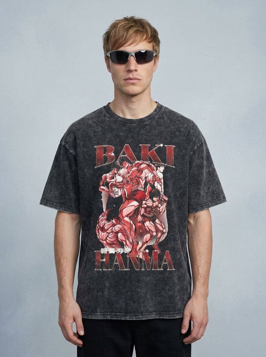 Hanma Baki The Grappler Gym Anime T-shirt for Men full body model — oversized boxed t-shirt | Tempus Arc premium anime streetwear