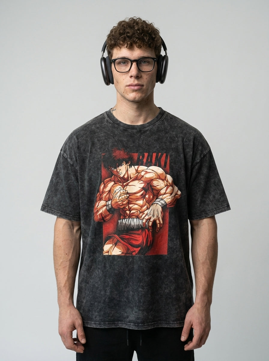 Hanma Baki The Grappler Gym Anime T-shirt for Men full body model — oversized boxed t-shirt | Tempus Arc premium anime streetwear