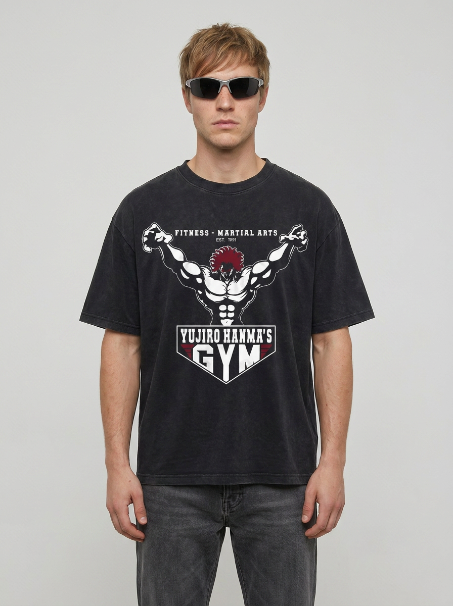 Hanma Baki The Grappler Gym Anime T-shirt for Men full body model — oversized boxed t-shirt | Tempus Arc premium anime streetwear