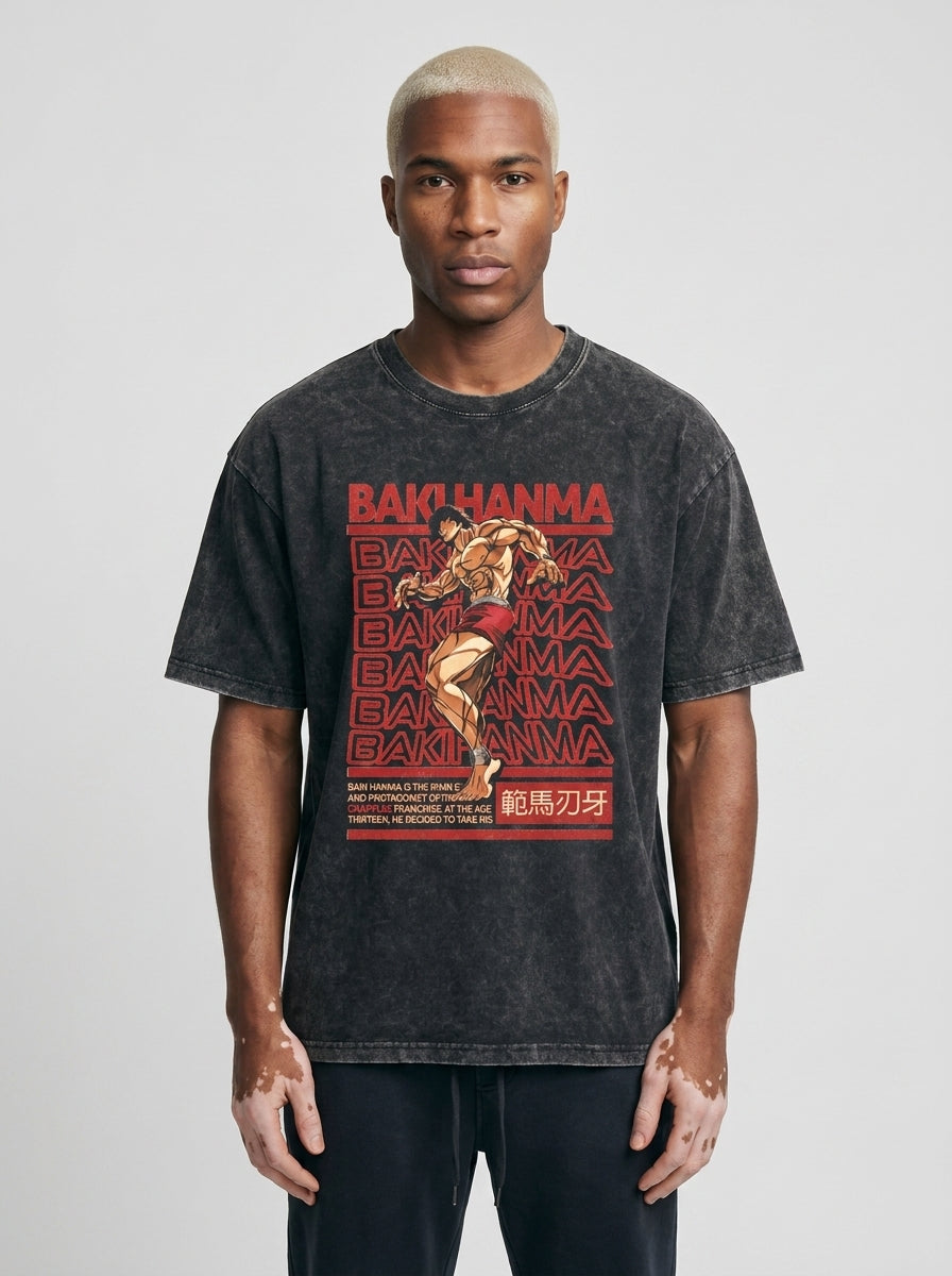 Hanma Baki The Grappler Gym Anime T-shirt for Men full body model — oversized boxed t-shirt | Tempus Arc premium anime streetwear