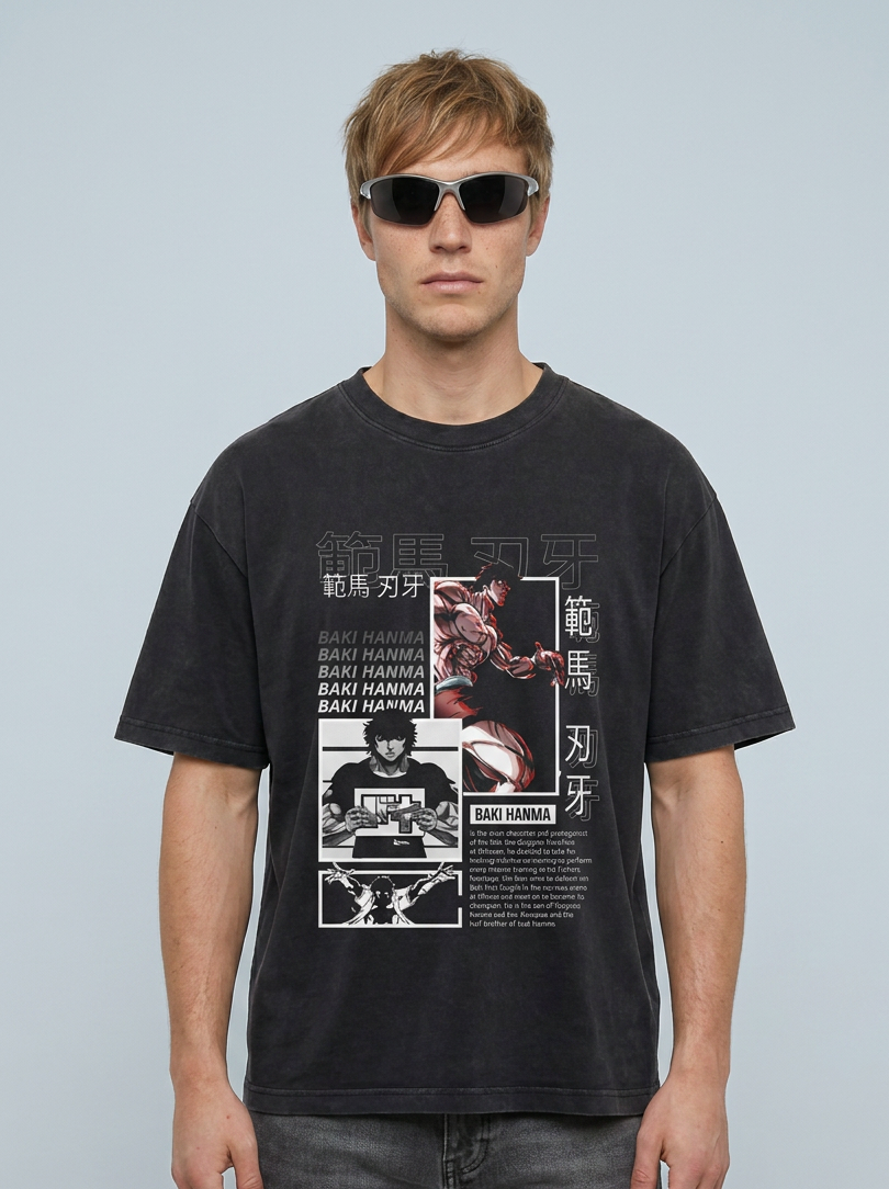 Hanma Baki The Grappler Gym Anime T-shirt for Men full body model — oversized boxed t-shirt | Tempus Arc premium anime streetwear