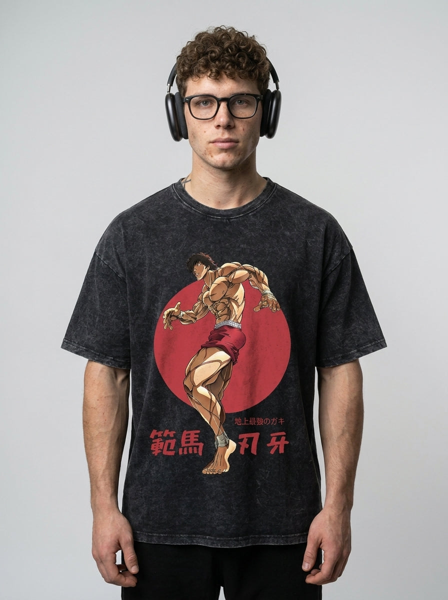Hanma Baki The Grappler Gym Anime T-shirt for Men full body model — oversized boxed t-shirt | Tempus Arc premium anime streetwear