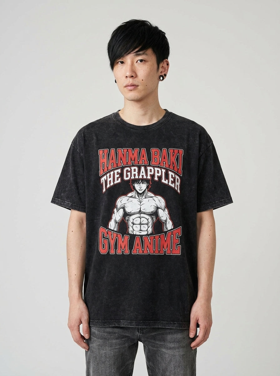 Hanma Baki The Grappler Gym Anime T-shirt for Men full body model — oversized boxed t-shirt | Tempus Arc premium anime streetwear