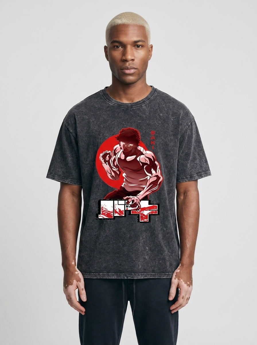 Hanma Baki The Grappler Gym Anime T-shirt for Men full body model — oversized boxed t-shirt | Tempus Arc premium anime streetwear