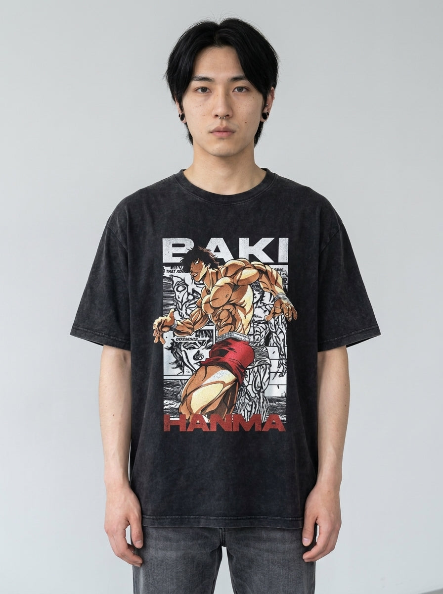 Hanma Baki The Grappler Gym Anime T-shirt for Men full body model — oversized boxed t-shirt | Tempus Arc premium anime streetwear
