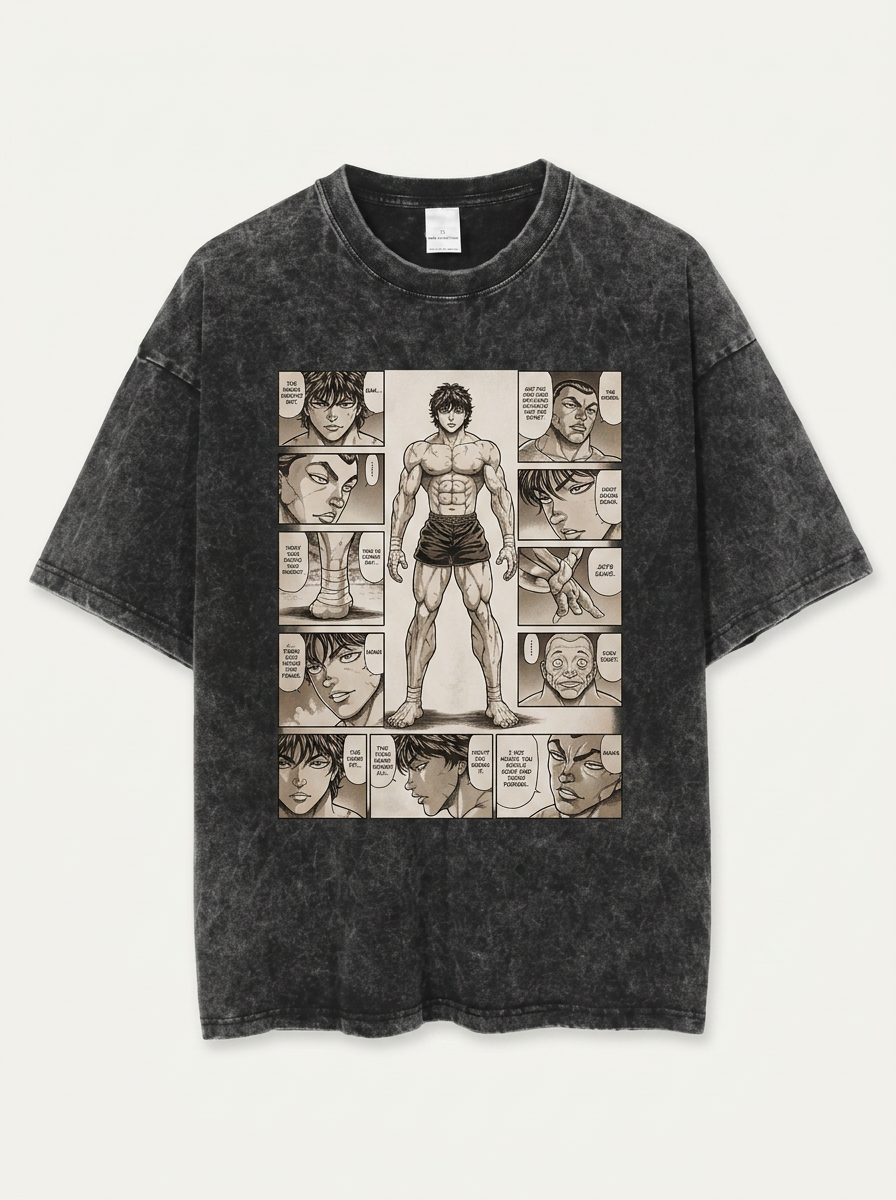 Hanma Baki The Grappler Gym Anime T-shirt for Men flat lay front view — washed black oversized t-shirt | Tempus Arc premium anime streetwear