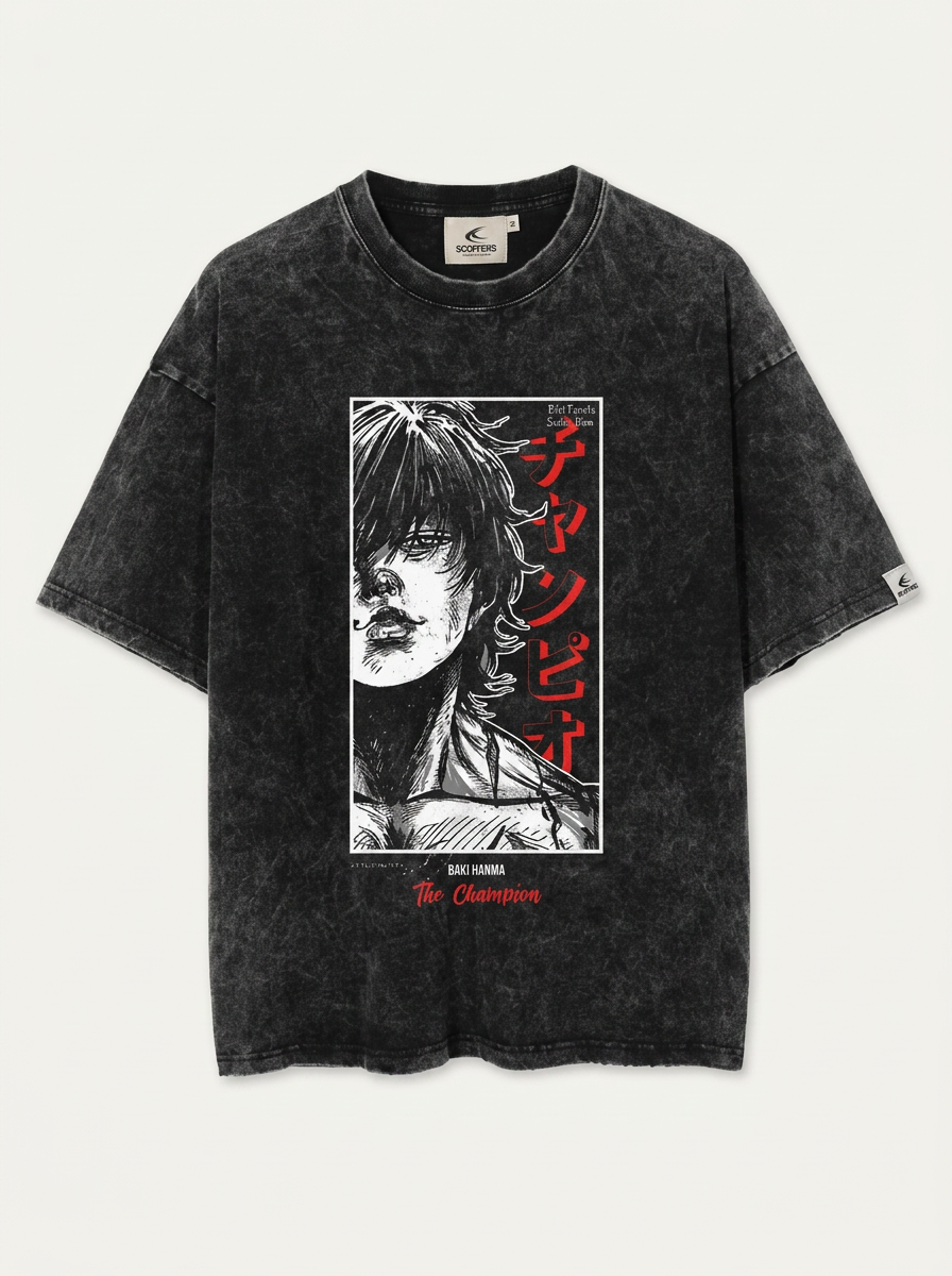 Hanma Baki The Grappler Gym Anime T-shirt for Men flat lay front view — washed black oversized t-shirt | Tempus Arc premium anime streetwear